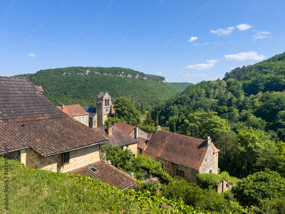 Fototapeta premium Castelnaud la Chapelle showcasing traditional houses and lush valley in Dordogne, France