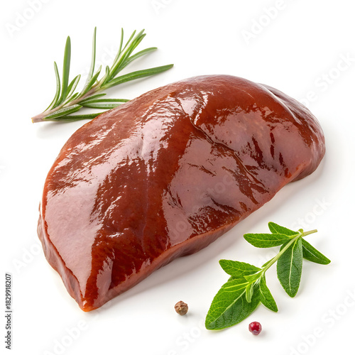 Raw chicken liver single piece isolated on white background presenting fresh poultry ingredient rich in protein for cooking, recipes,