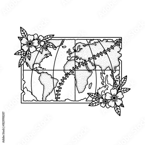 World Map Decorated with Flowers and Stitching.