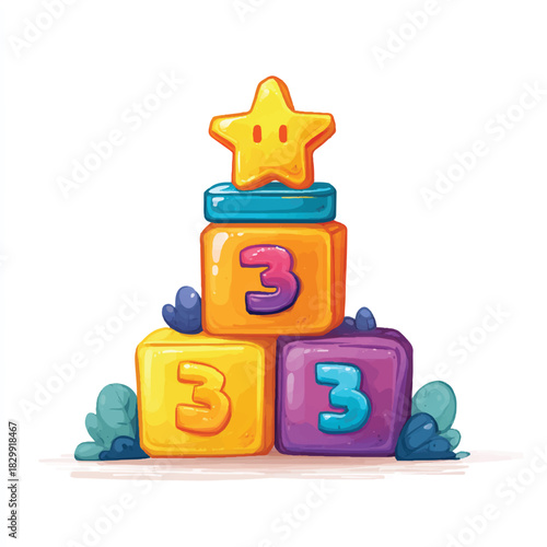 Playful Number Three Blocks Stacked with Star Childlike Learning Illustration