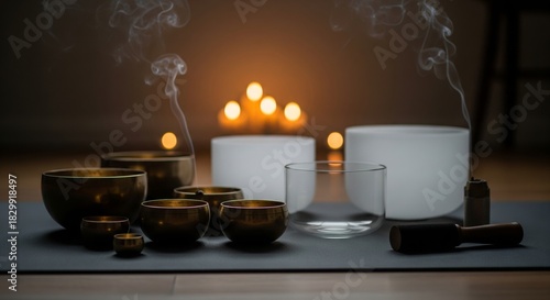 Wallpaper Mural Tibetan Singing Bowls Arranged for Sound Therapy. varying sizes of brass Tibetan singing bowls and crystal bowls arranged on a yoga mat. Represents sound healing, meditation, therapy, wellness Torontodigital.ca