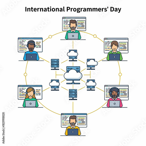 International Programmers Day with diverse developers connected to cloud servers.