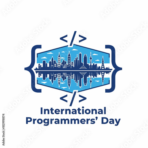 International Programmers Day celebration with coding symbols and city skyline.