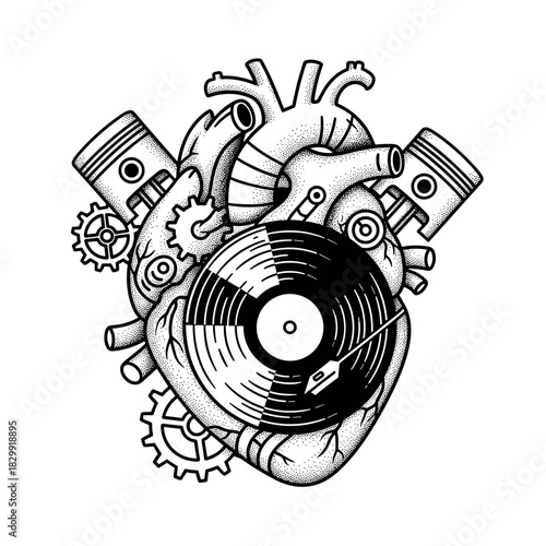 Steampunk Heart with Vinyl Record and Engine Parts.