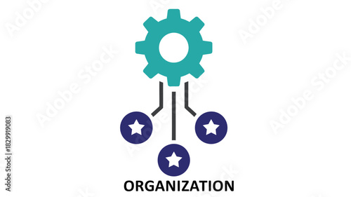 A teal gear icon connected to three stars above the word organization