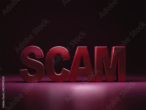 Red metallic word scam on dark background financial crime concept
