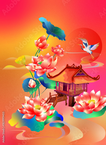 Vibrant Vietnamese Lunar New Year Vector with Lotus, Crane and Traditional Temple Art