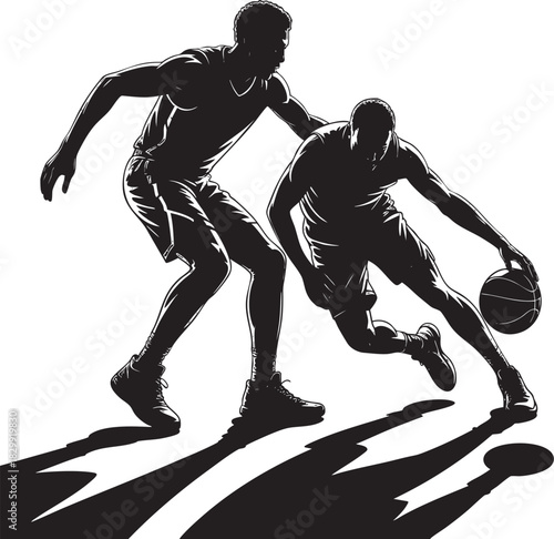 Two silhouetted basketball players are depicted in a dramatic, high-contrast scene, showcasing intense movement and competition on the court.