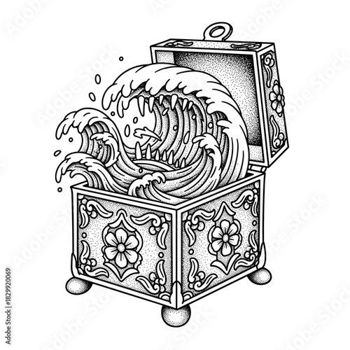 Treasure chest overflowing with powerful ocean waves.
