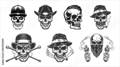 Vintage Gangster Skull Illustrations Set – Retro Tattoo Style Skull Graphics with Hats, Cigars, Guns & Bandana – Detailed Black and White Vector Art
