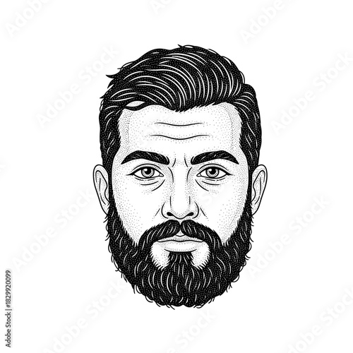 Man with beard and styled hair black and white illustration.
