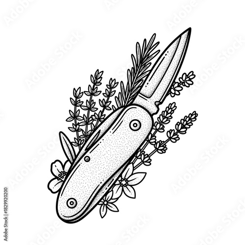 Vintage pocket knife with botanical elements illustration.