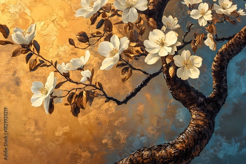 Elegant Oil Painting of White Blossoms on a Textured Tree Branch