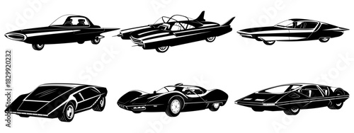 Vintage Futuristic Cars Silhouettes. Vector cliparts isolated on white.