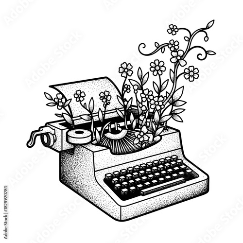 Vintage Typewriter with Blooming Flowers and Vines Emerging.