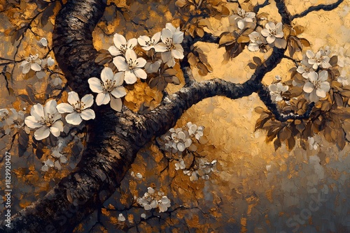 Elegant Oil Painting of White Blossoms on a Textured Tree Branch