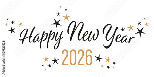 Happy New Year 2026. Text and star icons on a transparent background
