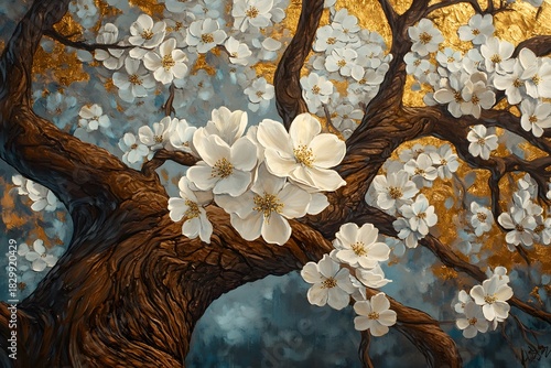 Elegant Oil Painting of White Blossoms on a Textured Tree Branch