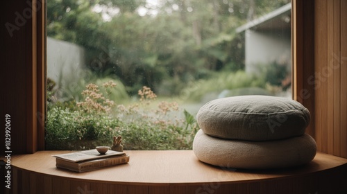Window with a view of a garden outside. the window is made of wood and has a wooden frame. through the window, we can see trees and greenery in the background.