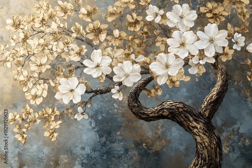Elegant Oil Painting of White Blossoms on a Textured Tree Branch