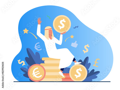 Arabian man sitting on pile of gold coins