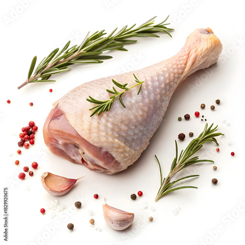 Raw turkey drumstick isolated on white background showcasing fresh poultry ingredient ideal for cooking, roasting, recipes,