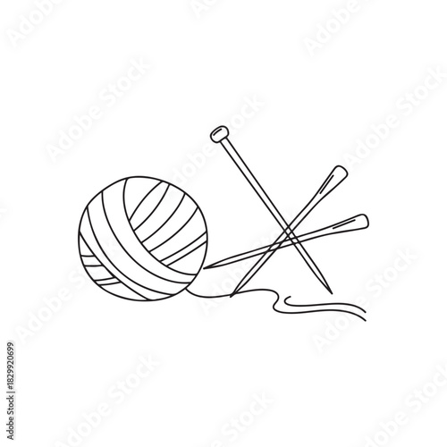 Wool and knitting needles outline vector flat illustration design