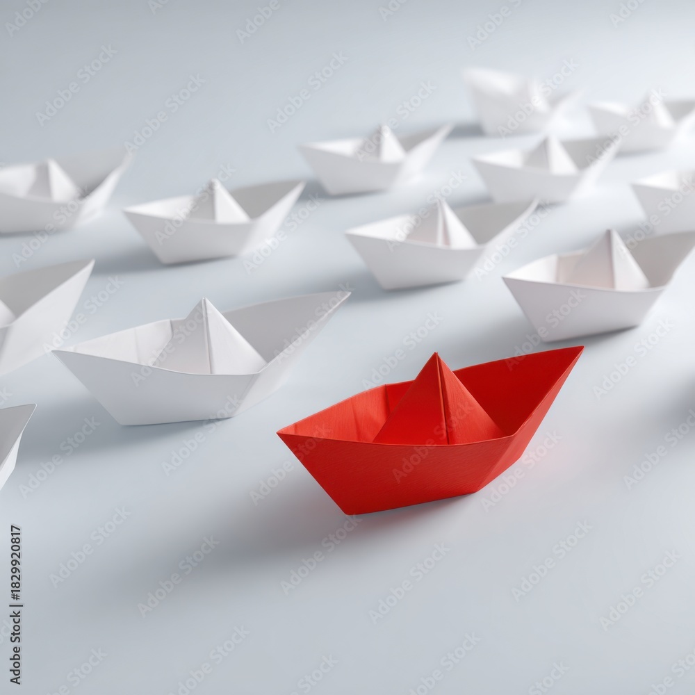 Naklejka premium Red paper boat leads white fleet