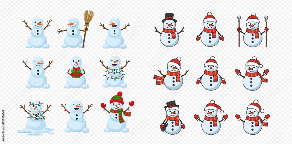 Obraz premium Collection of cartoon snowmen wearing hats and scarves in various poses.
