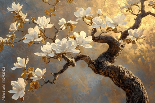 Elegant Oil Painting of White Blossoms on a Textured Tree Branch