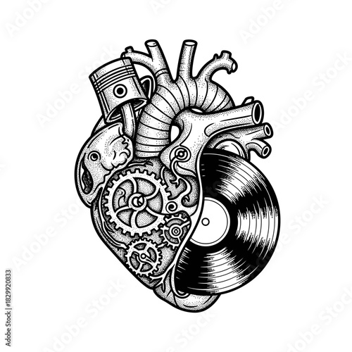 Anatomical Heart Fused with Mechanical and Musical Elements.