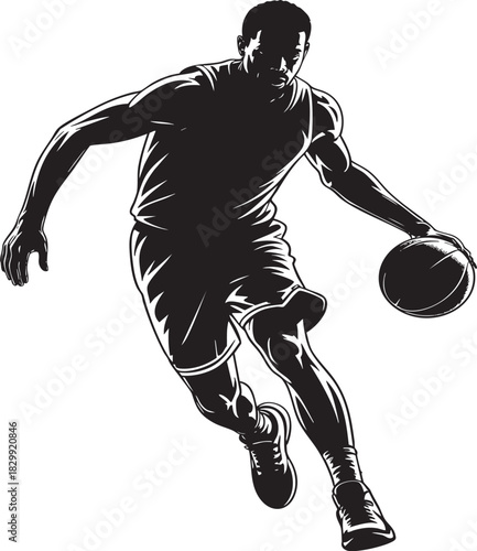 A black silhouette of a basketball player in motion, dribbling the ball with intensity and focus. The image conveys athleticism and action.
