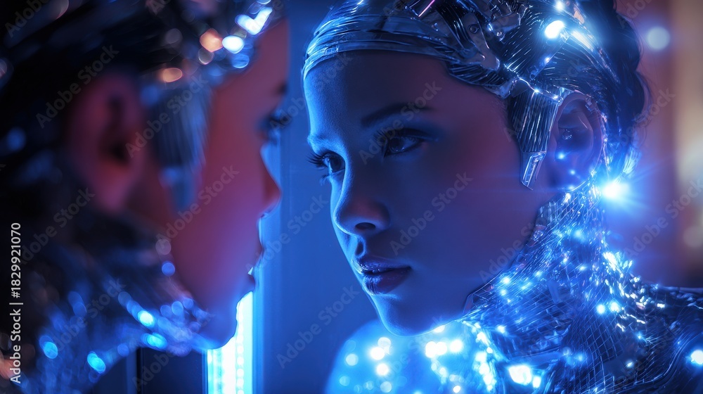 Obraz premium Mirror of the Future: The image captures an android contemplating their reflection, a futuristic concept with a sense of artificial intelligence and technological progress.