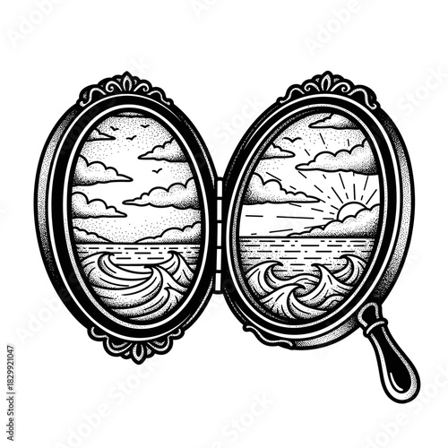 Vintage Locket Opens to Reveal a Serene Ocean Landscape.