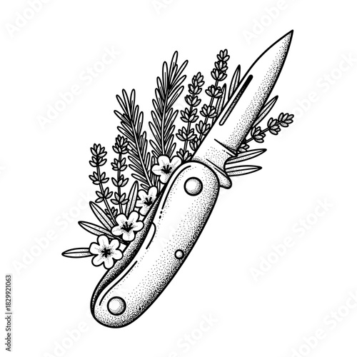 Vintage pocket knife with blooming lavender and rosemary sprigs.