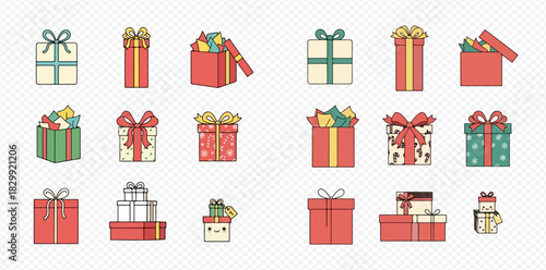 Collection of colorful gift boxes with ribbons and bows.