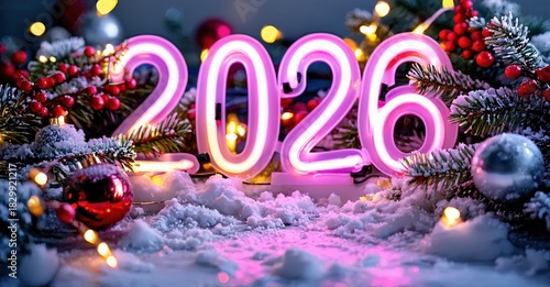 Wallpaper Mural Bright neon digits display year 2026. Festive decorations, snow, lights create celebratory winter scene. Joyful, vibrant composition. Torontodigital.ca