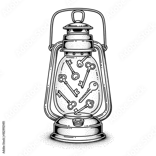 Vintage Lantern Filled With Old Keys Illustration.