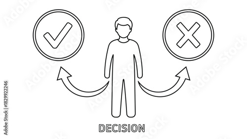 Line art illustration depicting a person facing a choice between positive and negative options