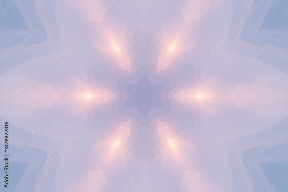 Fototapeta premium Pastelowa mandala świetlna w odcieniach błękitu i różu – symetryczny wzór gwiazdy, delikatna poświata i spokojne tło.