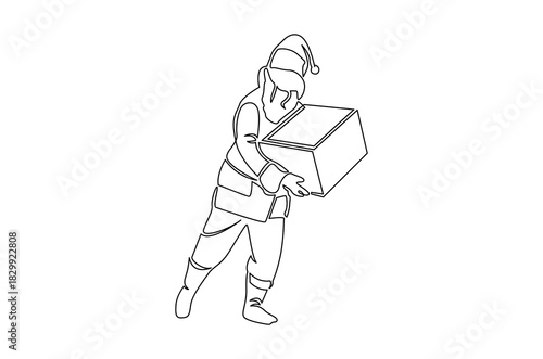 Continuous one line drawing of Festive Christmas gift from Santa Claus. Single line drawing illustration of Santa claus with gift. Merry Christmas 2025 concept vector art. Doodle line illustration.