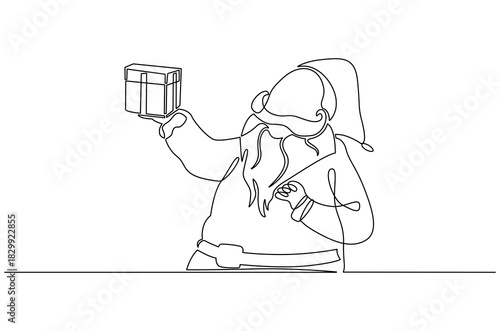 Continuous one line drawing of Festive Christmas gift from Santa Claus. Single line drawing illustration of Santa claus with gift. Merry Christmas 2025 concept vector art. Doodle line illustration.