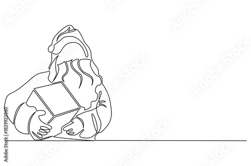 Continuous one line drawing of Festive Christmas gift from Santa Claus. Single line drawing illustration of Santa claus with gift. Merry Christmas 2025 concept vector art. Doodle line illustration.