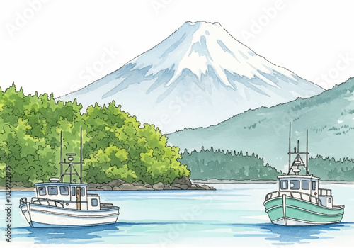 Serene hand-drawn watercolor illustration showing fishing boats on a calm lake with a grand mountain