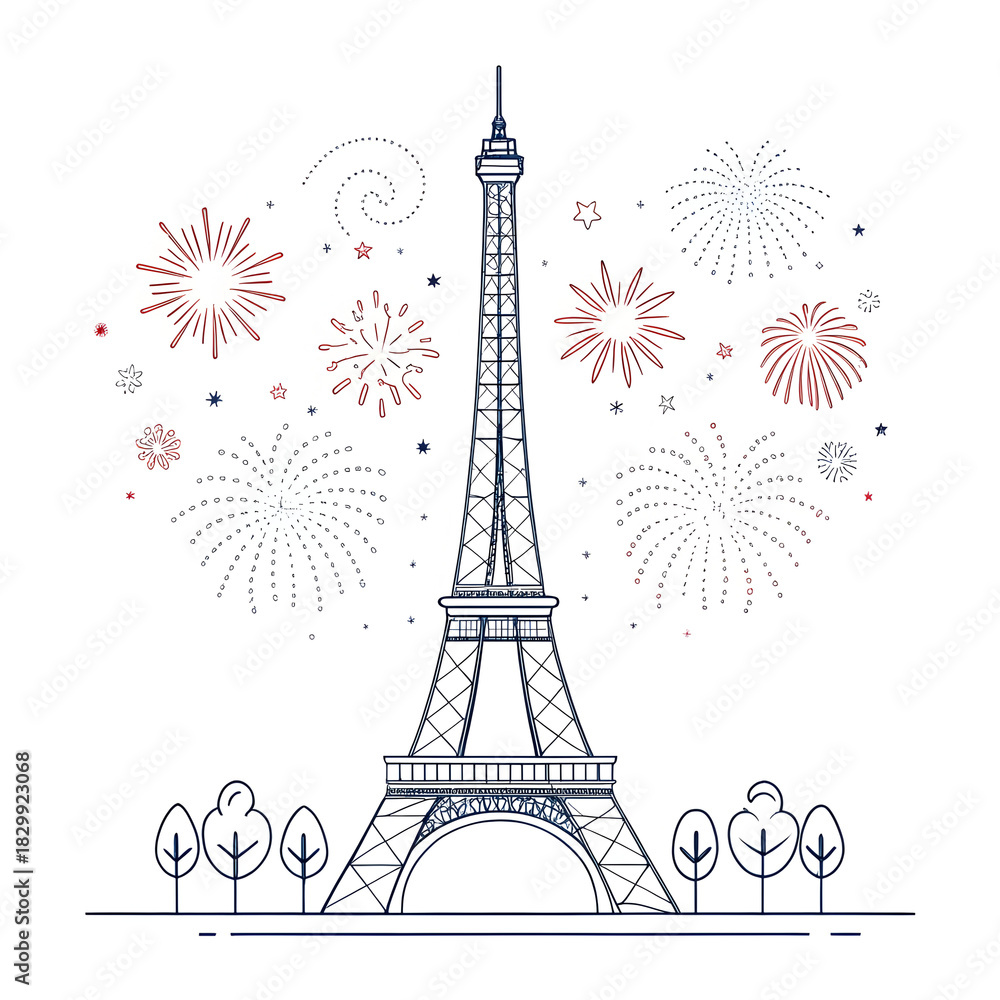 Fototapeta premium A minimal Eiffel Tower design accented with small abstract fireworks creating a festive modern visual highlighting