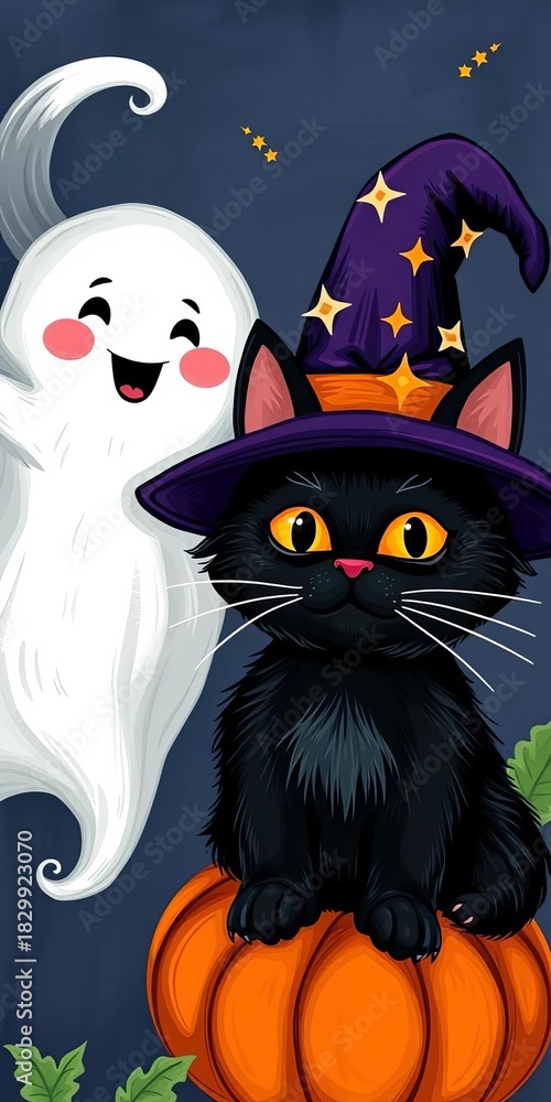 Obraz premium Playful ghost and pumpkin smile, black cat wears a starry witch hat, whimsical Halloween art, witch hat, cute