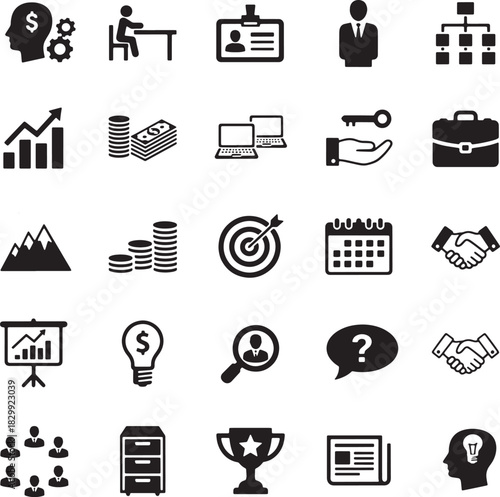 Collection of black and white business and management icons for presentation or web use