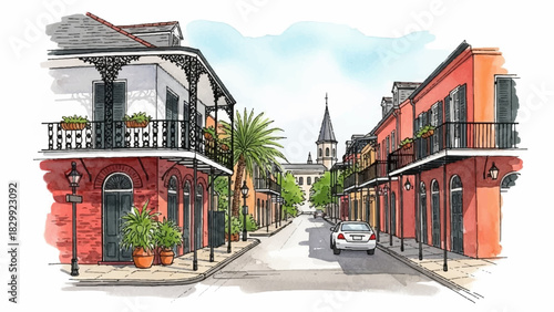 Historic city street with colorful architecture, a vivid hand-drawn watercolor illustration