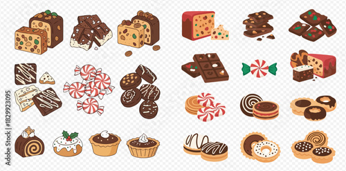 Festive assortment of holiday sweets and treats, including fruitcake, chocolates, candies, and pastries.