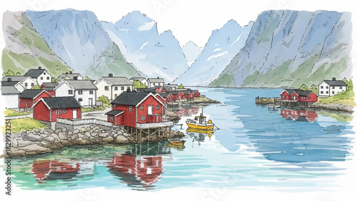Picturesque Norwegian Fishing Village Watercolor Illustration, Hand-Drawn Lofoten Fjord Landscape with Traditional Red Houses, Capturing Scenic Coastal Beauty